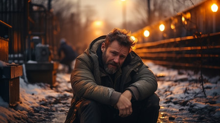 Tired and worried unshaven man dressed with winter clothes crouching outside in a street with snow and blurry sunset light in backgroundの素材