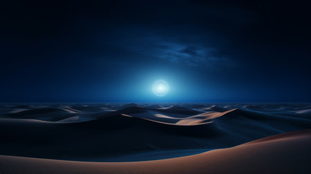 Wide Dunes landscape in a bluish light night with a glowy full moon coming into the horizonの素材