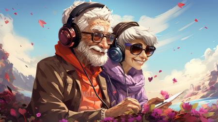 Very happy old couple in cartoon drawing style with big sound helmets playing together with an abstract nature backgroundの素材