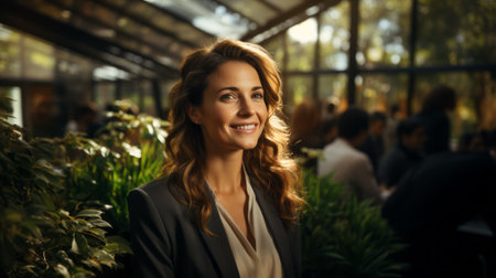 Close Portrait of a proud caucasian Business Woman with long curved hair and dark jacket with clear shirt on a blurry meeting room in backgroundの素材