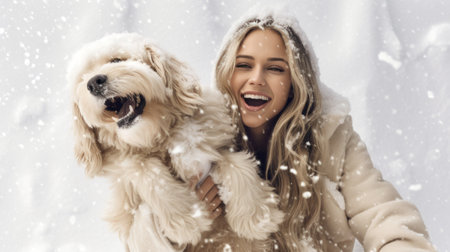 Happy Caucasian Woman with long blond hair playing with her happy white dog under the snow with a blurry backgroundの素材