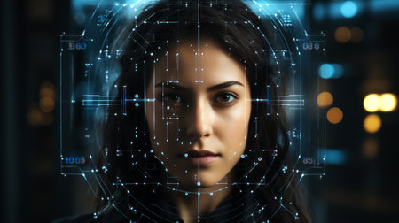 Futuristic Interface control system with many thin blue lines patterns in front of a caucasian Woman front face with long black hair and blurry dark backgroundの素材