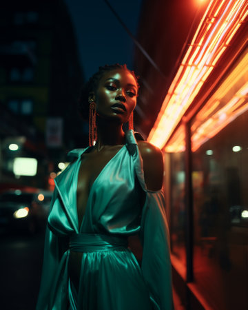 Beautiful Fashion Black Model with a satin light green dress with open sleeves into a night city street with many neons as a blurry backgroundの素材
