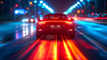 Close view beside the back of a sport car with a colorful high speed blur on a street inside a night city as a blurry backgroundの素材