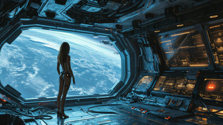 Standing Female Cyborg with long hair contemplating the view an unknown planet with many clouds behind a large window into a spaceshipの素材