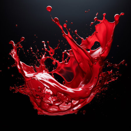 big Splash of shiny red and translucent paint with many tiny drops on a dark gradient backgroundの素材
