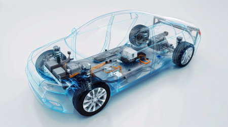 Electric sport Car without brand partially lightblue transparent to see battery wires and all the...