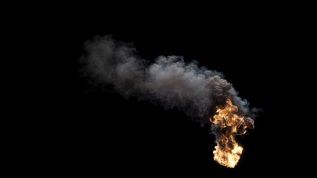 Isolated Fire with high Flames and dense Smoke burning regularly with a strong side Wind on a black backgroundの写真素材