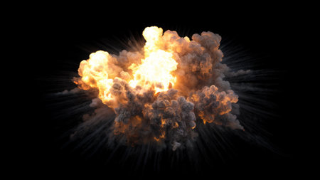 Ground Explosion with radiant Blast and ring Shockwave with dense billowing Smoke and Trails of tiny...