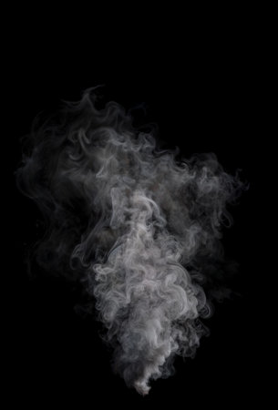 Isolated Wispy Smoke with many turbulences and details with a large shape on a black backgroundの写真素材