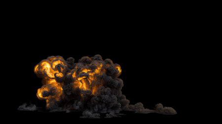 Dense Explosion with Dark and Gray Smoke with lots of details and turbulence on a black backgroundの写真素材