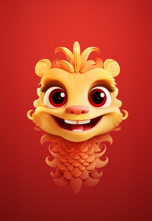 Cartoon-style character with a vibrant texture large red eyes and a broad happy smile he has intricate patterns and swirls on his head giving it mythical appearance on a red backgroundの写真素材