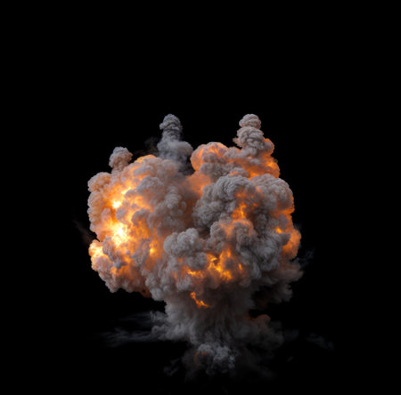 Large ground explosion with bright orange flames and a plume of dark smoke rising from the center on...