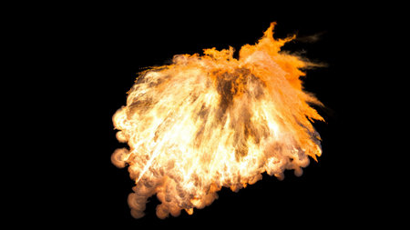 Dynamic explosion with bright orange flames and smoke it appears to be centered with flames and smoke extending outward in a circular pattern on a black backgroundの写真素材