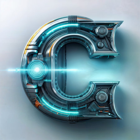 Isolated capital letter C in SciFi style mainly in metal with some orange lightings with lots of technical details on a light backgroundの写真素材