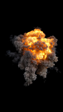 Dense Large Aerial Explosion cloud in varying Orange and LightGrey with Billowing and turbulent Smoke on a black backgroundの写真素材