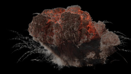 Isolated large fiery explosion with a central intense red and orange glow surrounded by billowing...