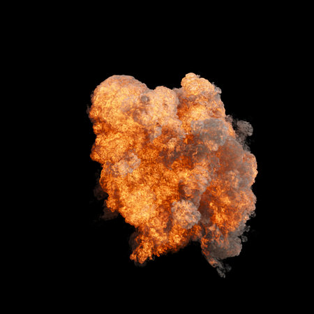 Isolated Large explosion with a bright fiery center surrounded by dark smoke on a black backgroundの写真素材