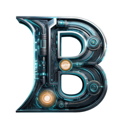 Isolated capital letter B in SciFi style mainly in metal with some orange lightings with lots of technical details on a white backgroundの写真素材