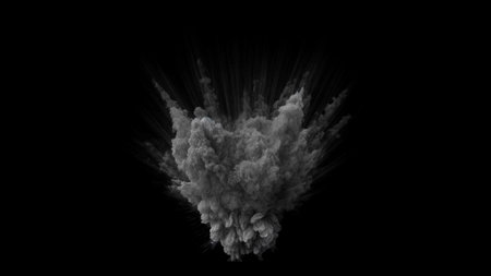 Isolated large explosion with white smoke and debris radiating outward demonstrating the force and power of the blast on a black backgroundの写真素材