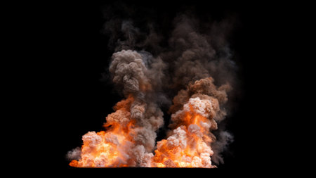 Two Isolated powerful explosions with intense flames and significant amount of smoke rising from the...