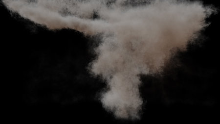 Isolated large and wispy cloud of brown smoke or dust with a lighter inner section on a black...