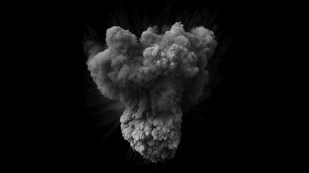 Isolated Large chaotic powerful explosion with dense billowing gray smoke plume against a black...