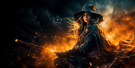 Young woman in dark flowing robes holding a staff with a dramatic background and a dark ominous sky with an intense and mystical Halloween moodの写真素材