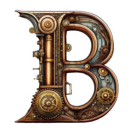 Isolated uppercase letter B with a graphical Steampunk style mainly metal brown copper and wood with lots of detailsの写真素材