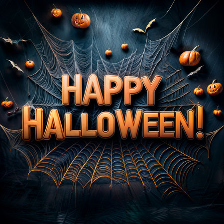 Festive Happy Halloween graphic with a dark background featuring a large spider web some bats in flight and several jack-o-lanterns in a spooky moodの写真素材
