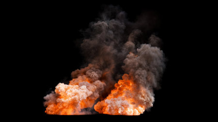 Two Isolated dramatic large explosions with intense billowing flames and thick gray smoke against a...