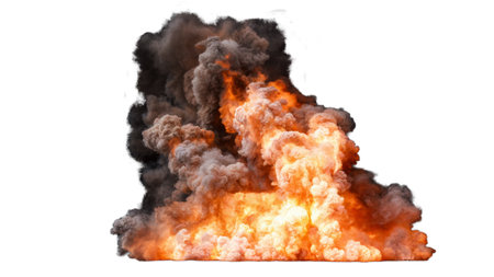Isolated large intense explosion with flames and smoke billowing upward against a white background...