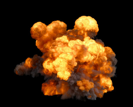 Large aerial isolated explosion with a vivid orange and yellow color surrounded by thick smoke on a...