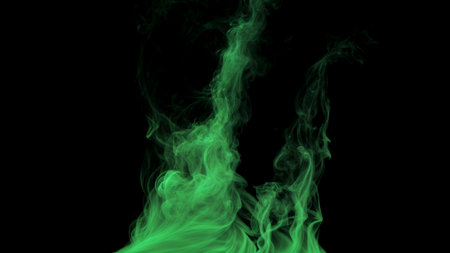 Two isolated green smoke plumes rising and swirling from the bottom creating a dramatic visual...