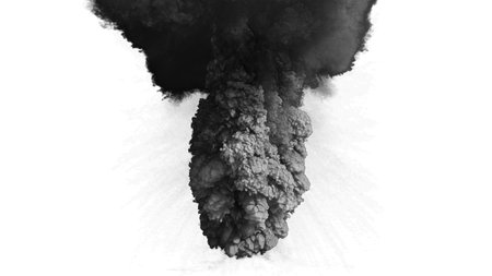 Isolated Large and tall gray smoke plume which is voluminous and thick indicating a powerful blast like a volcano explosion on a white backgroundの写真素材