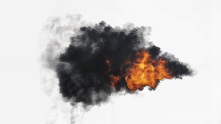 Isolated Flames into dark and thick smoke on a white background