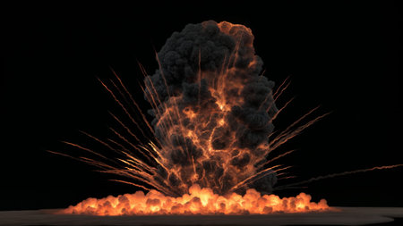 Huge explosion with bright orange flames and bright debris trails and a dense dark smoke on a black...