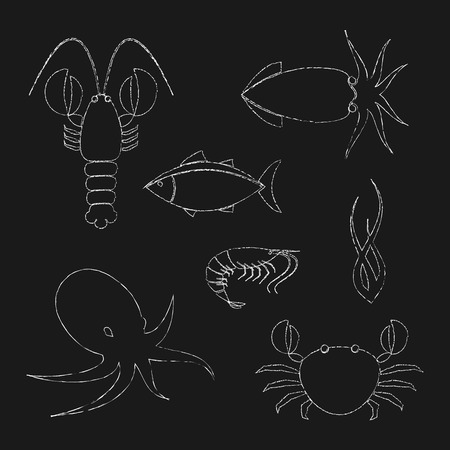Collection of chalk seafood icons in doodle style on black backgroundのイラスト素材