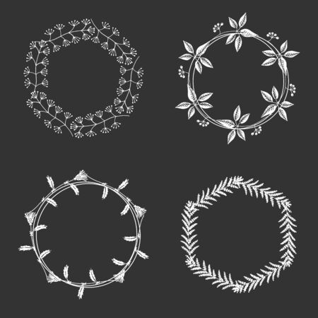 Hand drawn white round floral frames with space to your text on black backgroundのイラスト素材