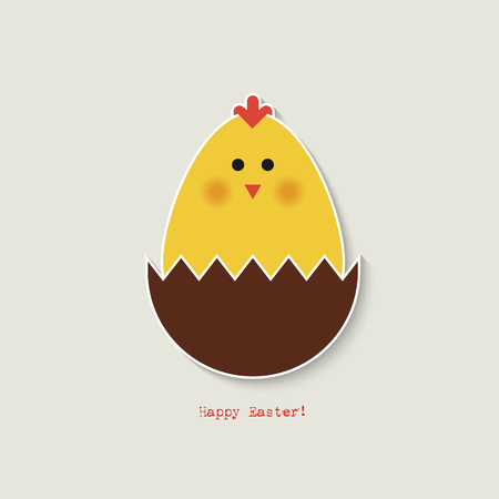 Greeting card with easter chicken sitting in chocolate easter egg shellのイラスト素材