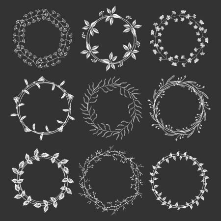 Hand drawn white round floral frames with space to your text on black backgroundのイラスト素材