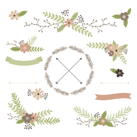 Wedding floral set with wreath, arrows, bouquets and ribbons in pastel tonesのイラスト素材