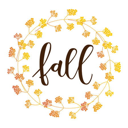 Fall hand written inscription with yellow red floral wreath on white backgroundのイラスト素材