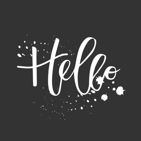 Hello lettering hand written inscription with ink splashes on black backgroundのイラスト素材