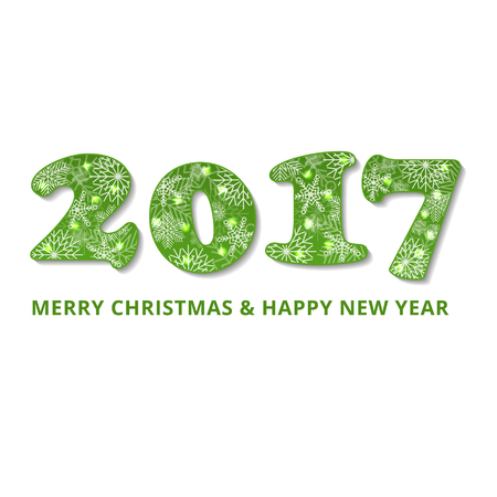 2017 new year and merry Christmas green greeting with snowflakes on white backgroundのイラスト素材