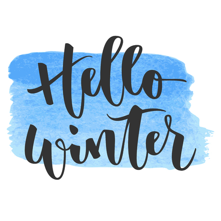 Hello winter black hand written inscription on blue watercolour backgroundのイラスト素材