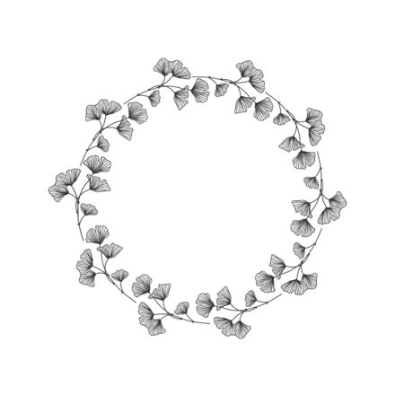 Hand drawn black ginkgo biloba frame wreath with space to your text on white backgroundのイラスト素材