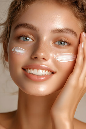 Smooth, youthful skin with soft natural lighting, perfect skincare advertisement.の素材