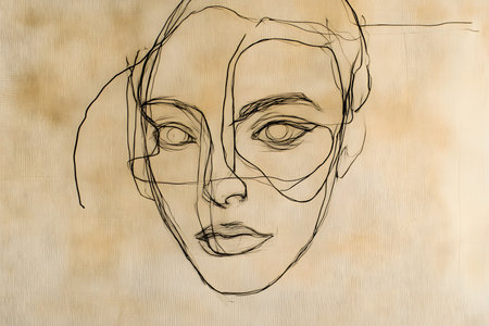 Minimalist one-line drawing of a face, abstract beauty representation.の素材