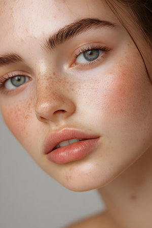 Visible Acne: Authentic Skincare Concept Showcasing Acne-Prone Skin and Imperfections.の素材